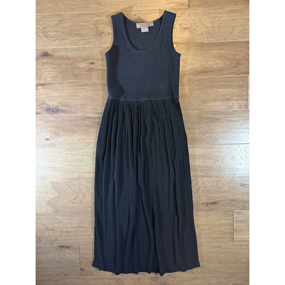 Barbara Lesser Petites Black Ribbed Knit Crinkle Maxi Dress Sleeveless Small